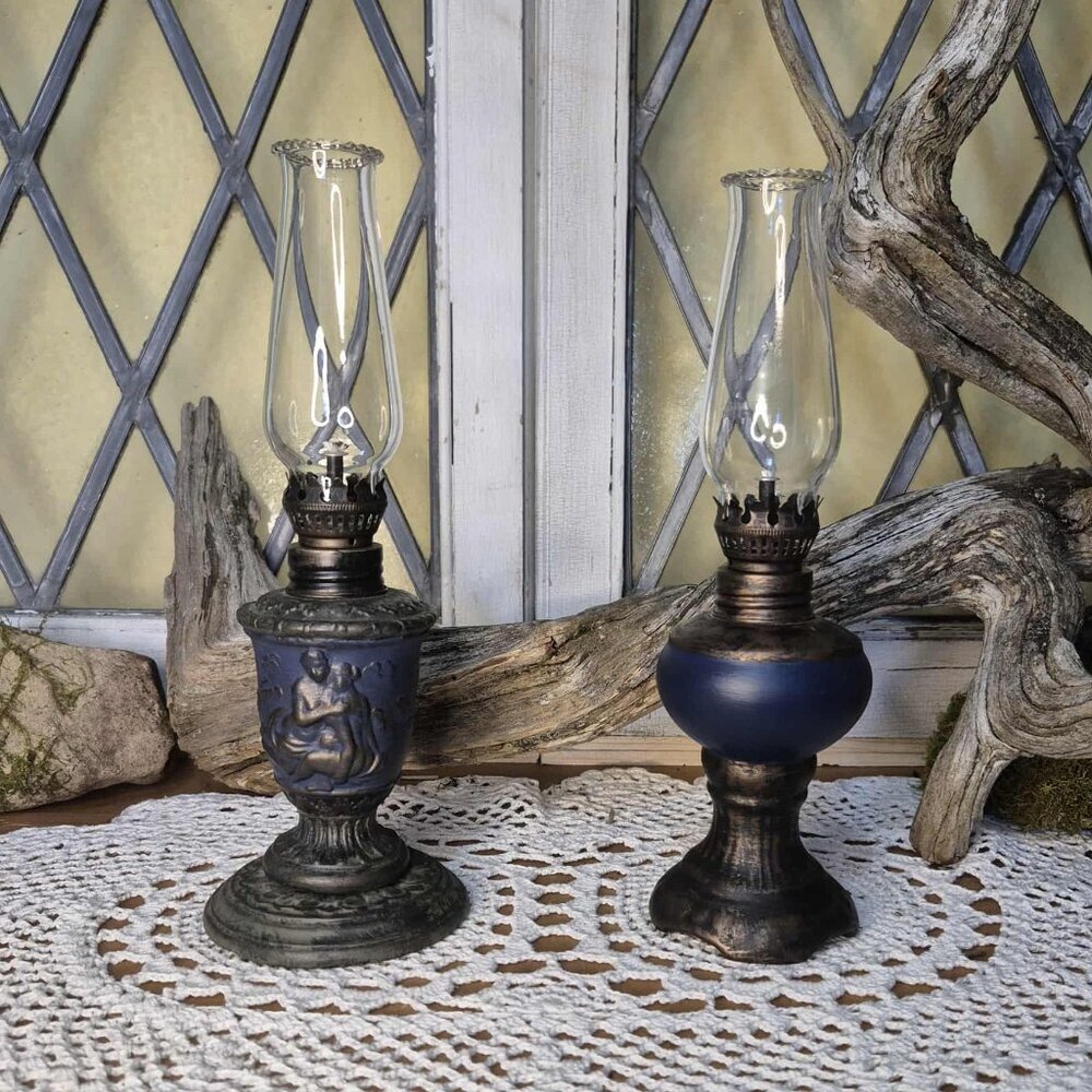 RAYFLAM 2 Mini Oil Lamps Blue Brass Bronze - Picture 2 of 13